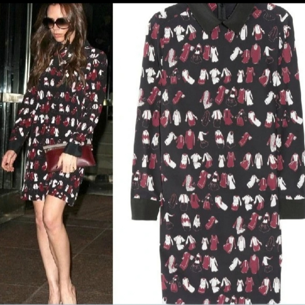Victoria Beckham Whimsical Print Black Collared Dress Size 6